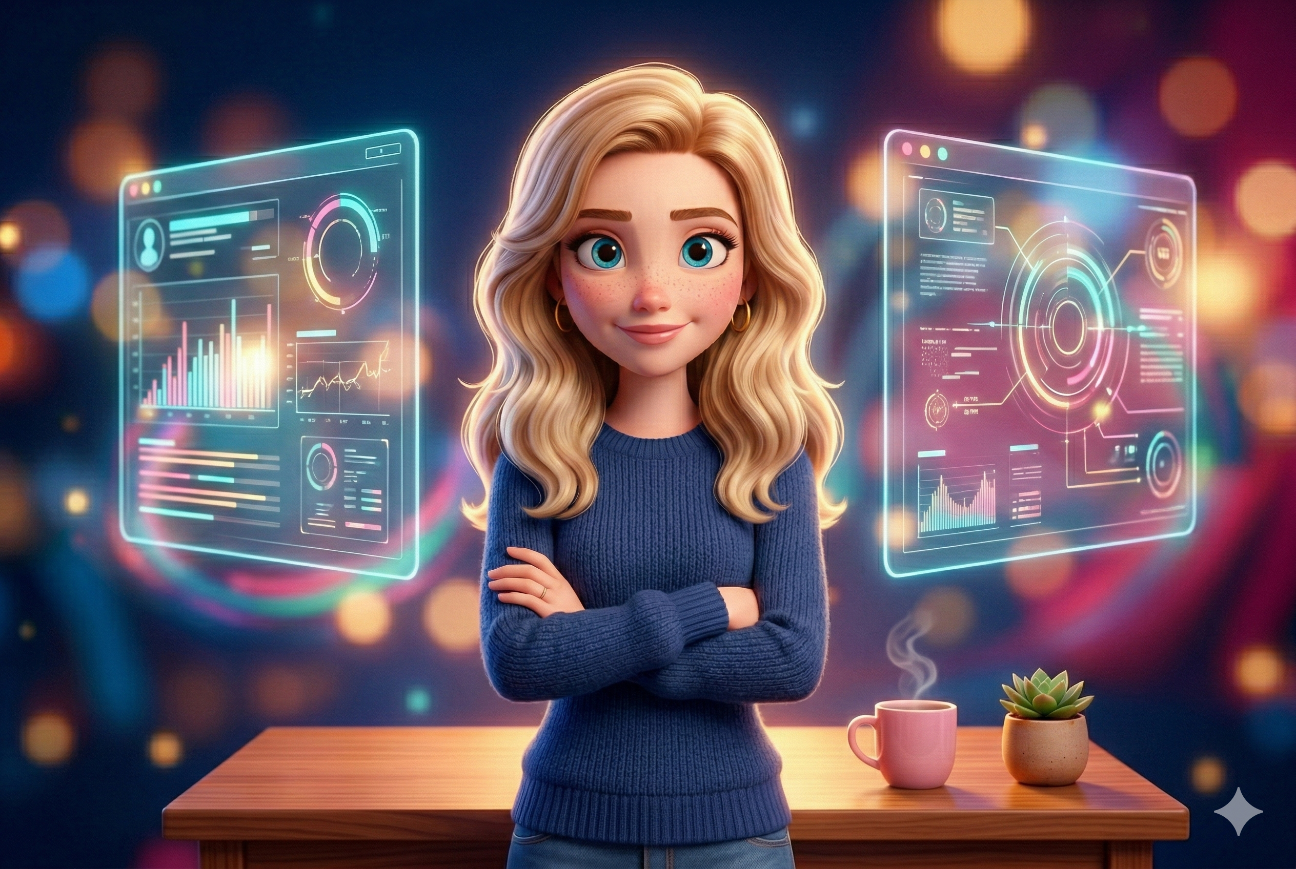 cartoon woman standing confidently between two glowing floating screens cartoon woman standing confidently between two glowing floating screens