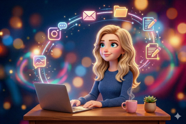 cartoon woman with lots of iages floating above her head