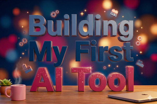 A colorful graphic featuring the text "Building My First AI Tool" in large, stylized letters, with decorative elements like gears and stars, set against a blurred background of lights, alongside a pink mug and a small plant on a wooden surface.