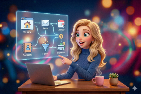 A cheerful young woman with blonde hair sits at a laptop, pointing at a floating graphic illustrating a workflow that includes icons for a website, email, calendar, contacts, funnel, and payments, set against a colorful bokeh background.