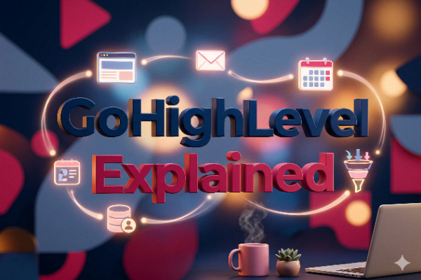 A digital graphic featuring the text "GoHighLevel Explained" in bold fonts, surrounded by icons representing web pages, emails, calendars, user data, and marketing funnels, set against a colorful, abstract background with a steaming cup and a potted plant on a desk.