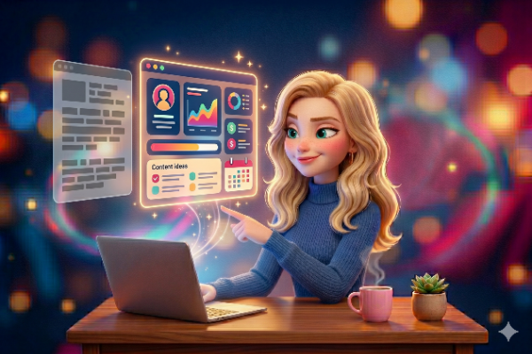 A digital illustration of a woman with blonde hair and a blue sweater, sitting at a desk with a laptop, pointing at a floating digital interface displaying content ideas and analytics, with a cup of coffee and a small plant beside her.
