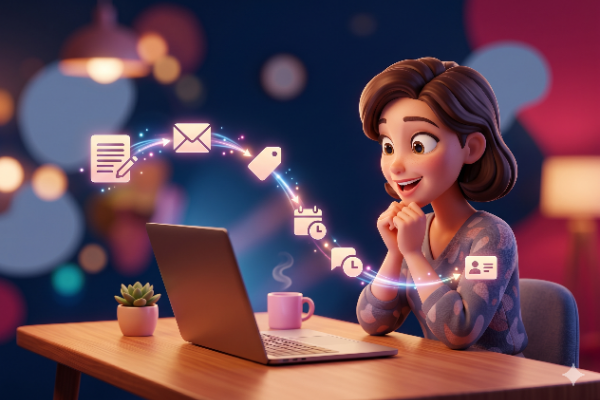 A young woman joyfully interacts with a laptop on a wooden table, surrounded by colorful icons representing communication and organization, with a small potted plant and a steaming mug nearby. A young woman joyfully interacts with a laptop on a wooden table, surrounded by colorful icons representing communication and organization, with a small potted plant and a steaming mug nearby.