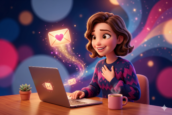 A cheerful young woman with curly hair engages with her laptop, as glowing envelopes with hearts float above, set against a colorful, dreamy background. A steaming cup and a small plant are visible on the table beside her.