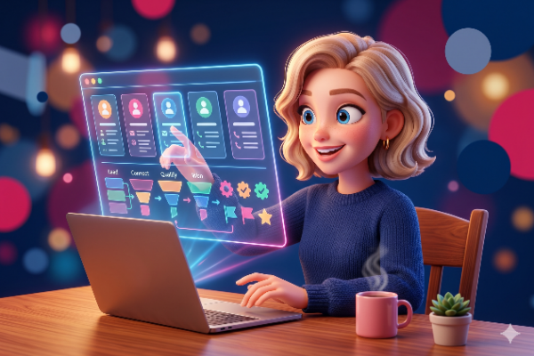 A young woman with wavy blonde hair smiles while interacting with a holographic interface displaying user profiles and data, as she sits at a table with a laptop, steaming mug, and a small potted plant. The background features colorful, blurred lights creating a vibrant atmosphere.
