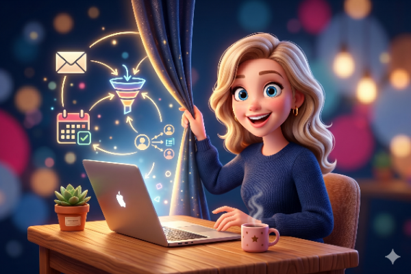 A cheerful blonde woman sits at a desk with a laptop, holding back a curtain to reveal colorful icons symbolizing communication and organization, including an email, calendar, and user network. A small potted plant and a steaming cup are on the table beside her.