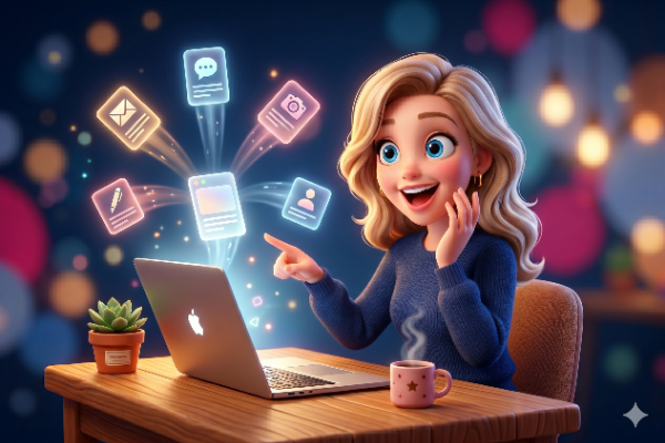A lively young woman with blonde hair, seated at a wooden table, excitedly points at a laptop displaying icons representing various communication tools, with a cozy atmosphere enhanced by a small potted plant and a steaming mug.