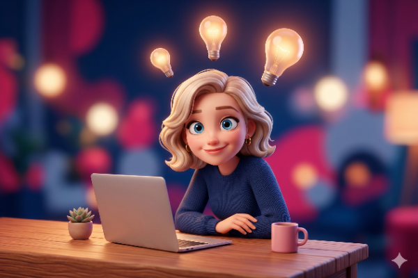 A young woman with wavy blonde hair sits at a wooden table with a laptop, smiling as light bulbs hover above her head, symbolizing ideas or inspiration, and a small succulent plant and a pink mug are nearby. A young woman with wavy blonde hair sits at a wooden table with a laptop, smiling as light bulbs hover above her head, symbolizing ideas or inspiration, and a small succulent plant and a pink mug are nearby.