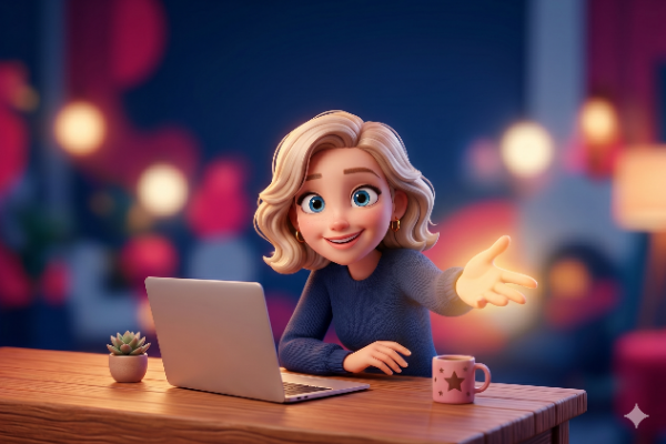 A cheerful animated character with blonde hair sits at a wooden table, gesturing towards the viewer with one hand while a laptop and a small potted plant are present on the table. The background features warm, colorful lights. A cheerful animated character with blonde hair sits at a wooden table, gesturing towards the viewer with one hand while a laptop and a small potted plant are present on the table. The background features warm, colorful lights.
