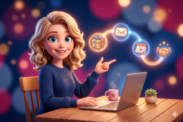A cheerful young woman with curly blonde hair sits at a table with a laptop, pointing at glowing icons representing a gift, an email, a calendar, and a handshake, set against a colorful bokeh background. A cheerful young woman with curly blonde hair sits at a table with a laptop, pointing at glowing icons representing a gift, an email, a calendar, and a handshake, set against a colorful bokeh background.