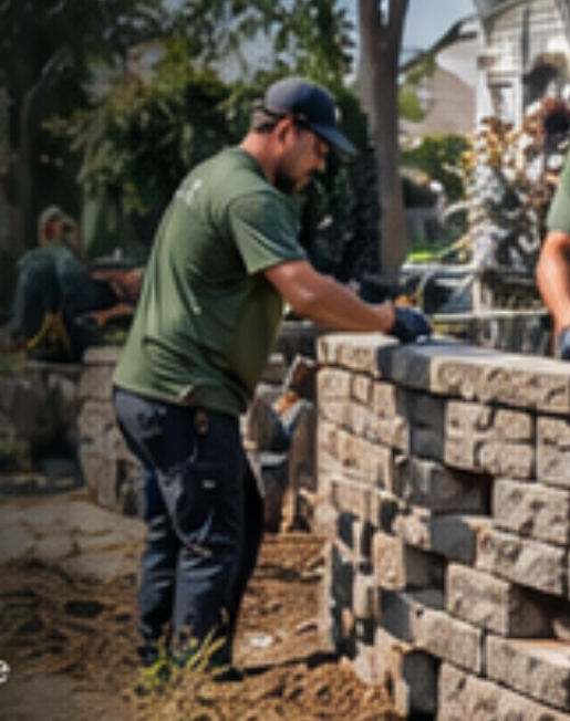 Worker laying paving stones on an outdoor project