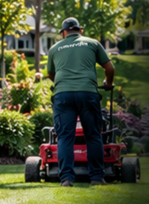 Person mowing a lawn with a gas mower on a sunny day