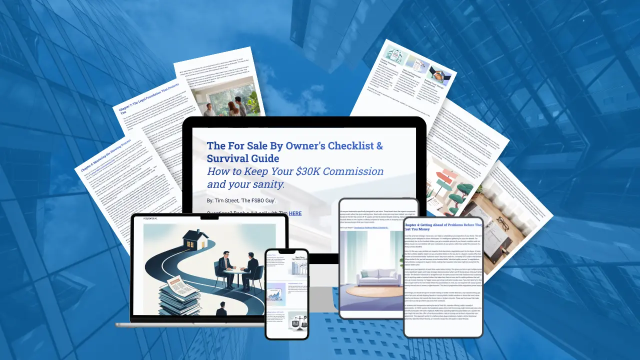 FoolProof FSBO Master Checklist shown on laptop, smartphone, and printed pages — guide to beat agents, keep equity, and sell fast.