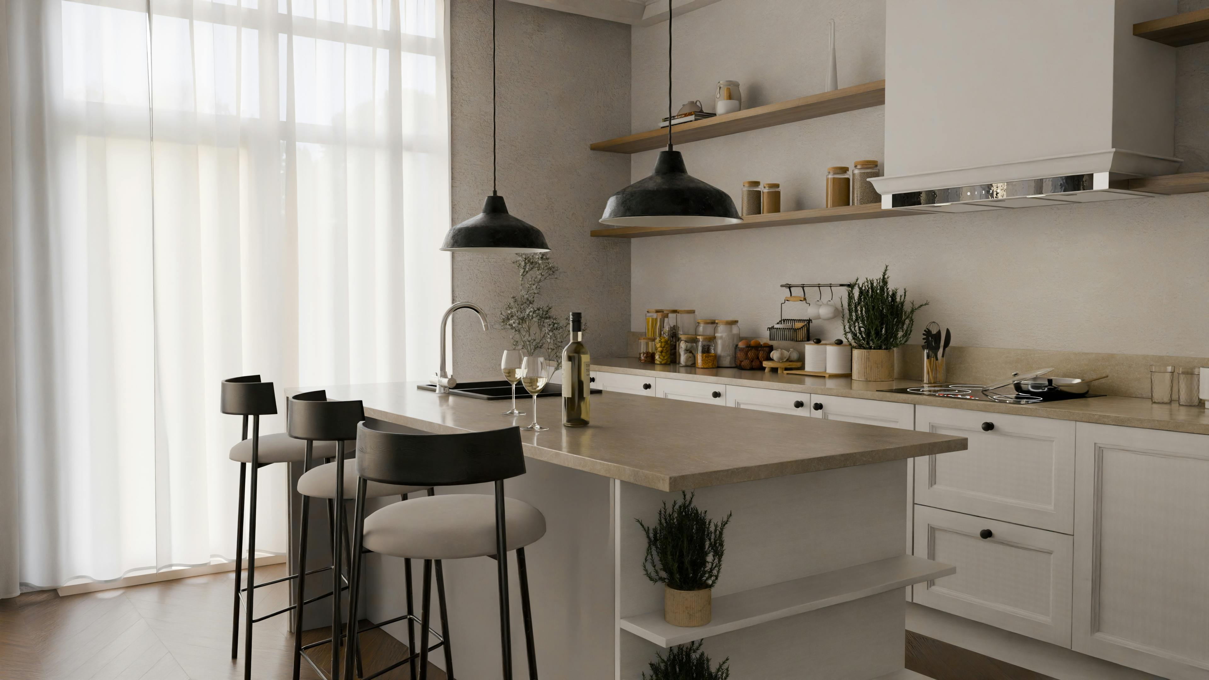 Open kitchen shelving that looks stylish but creates cleaning and storage problems.