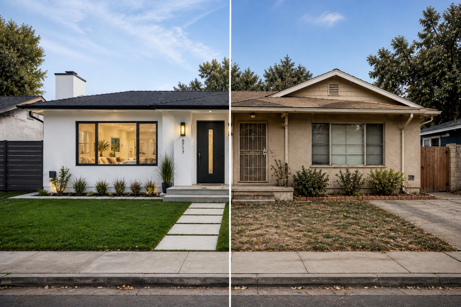Home showing updated side versus outdated side that lowers buyer offers. Home showing updated side versus outdated side that lowers buyer offers.