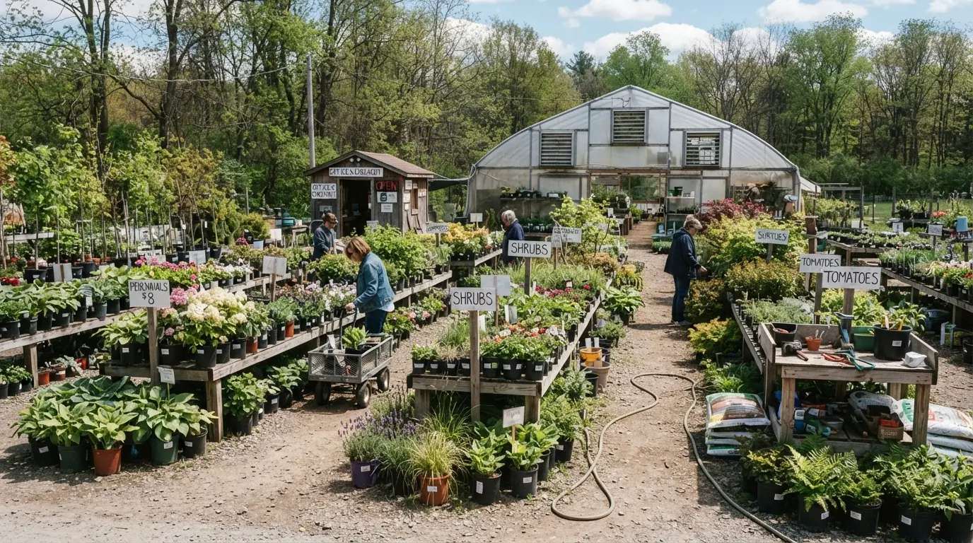 A small local plant nursery lot with potted perennials, shrubs, and trees on a sunny spring day