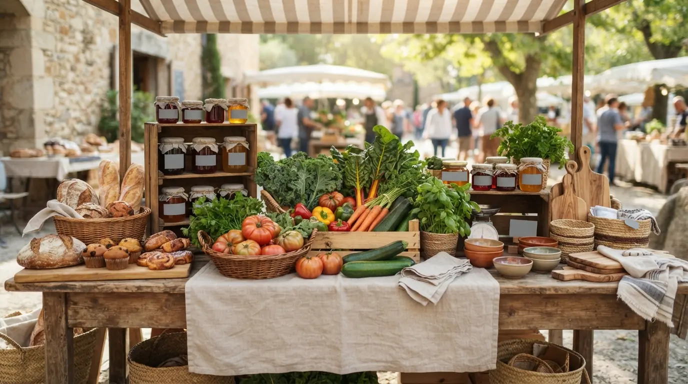 A small farmers market stall with fresh produce, jars of preserves, and baked goods on a wooden table outdoors