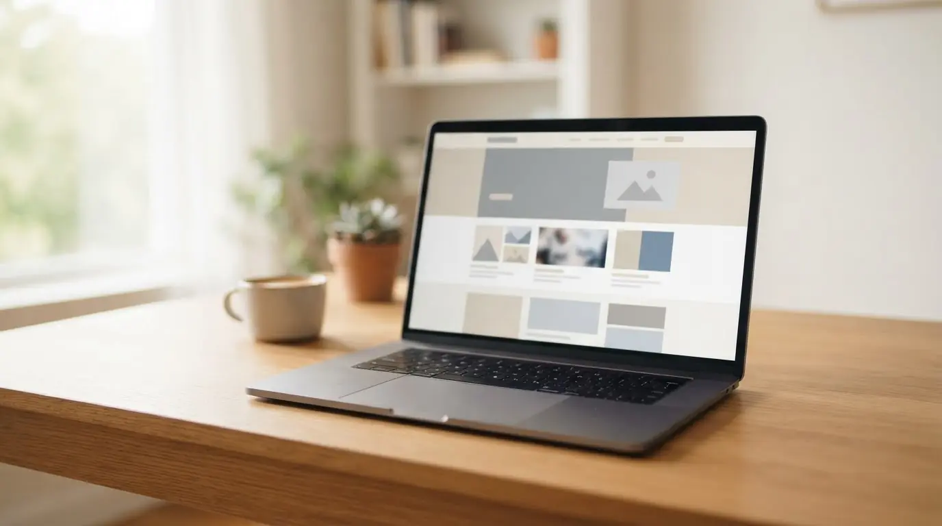A modern laptop on a wooden desk showing a simple website mockup in soft natural light