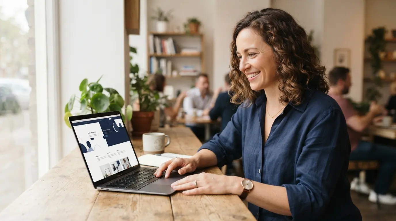 A small business owner confidently reviewing a laptop with a professional website on screen