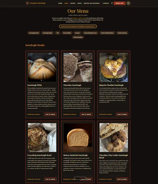 Renegade Sourdough menu after redesign