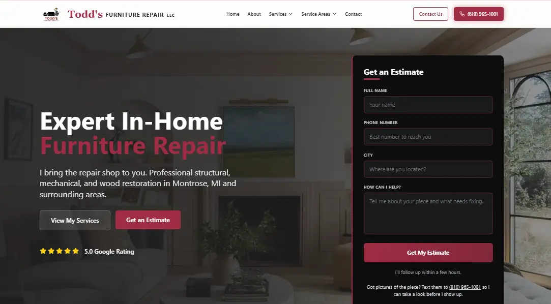 Todd's Furniture Repair homepage with headline, Google rating, and estimate form