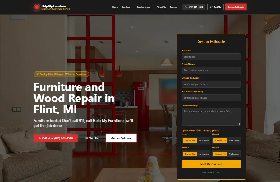 Help My Furniture homepage with emergency-themed design and estimate form
