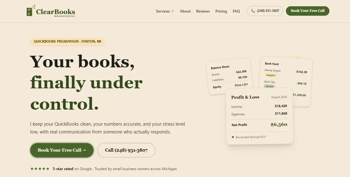 ClearBooks Bookkeeping website homepage built by Farrand Digital
