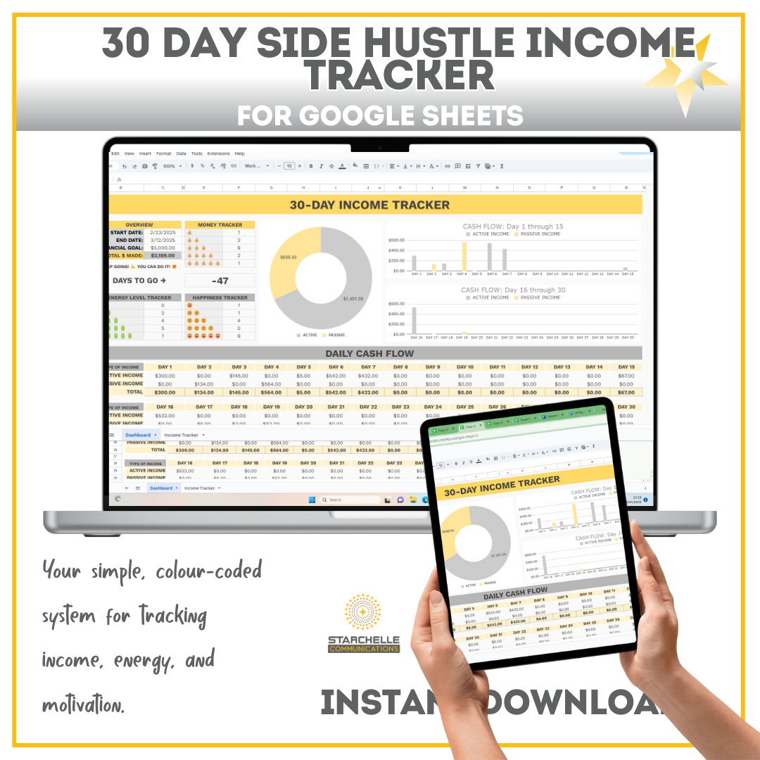 30-Day Side Hustle Income Tracker | Editable Spreadsheet for Coach