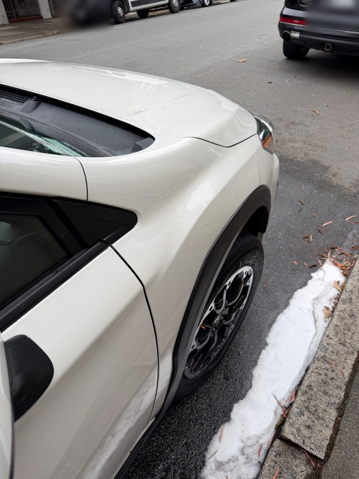 Clean glossy front fender and hood of a white Subaru Crosstrek after washing