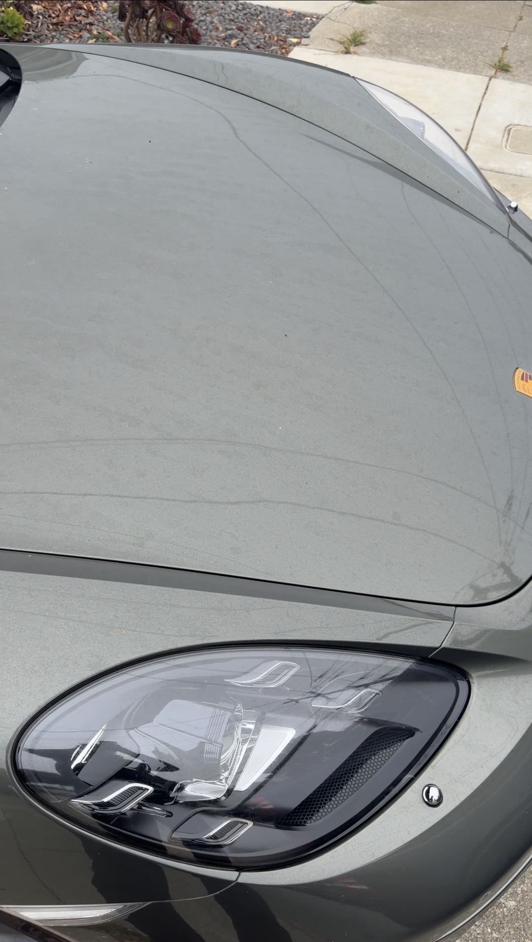 Dusty front lid of a green Porsche 718 Cayman S with the Porsche crest, before washing.