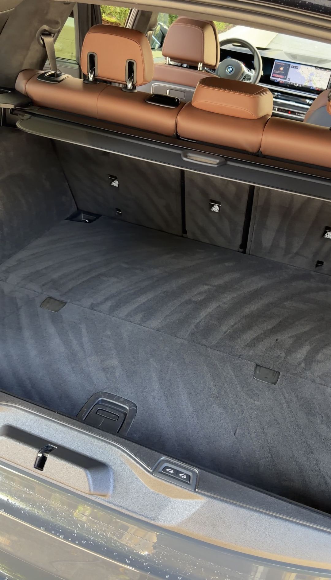 Cargo bay of a BMW X5 after detailing, the carpet showing fresh vacuum lines