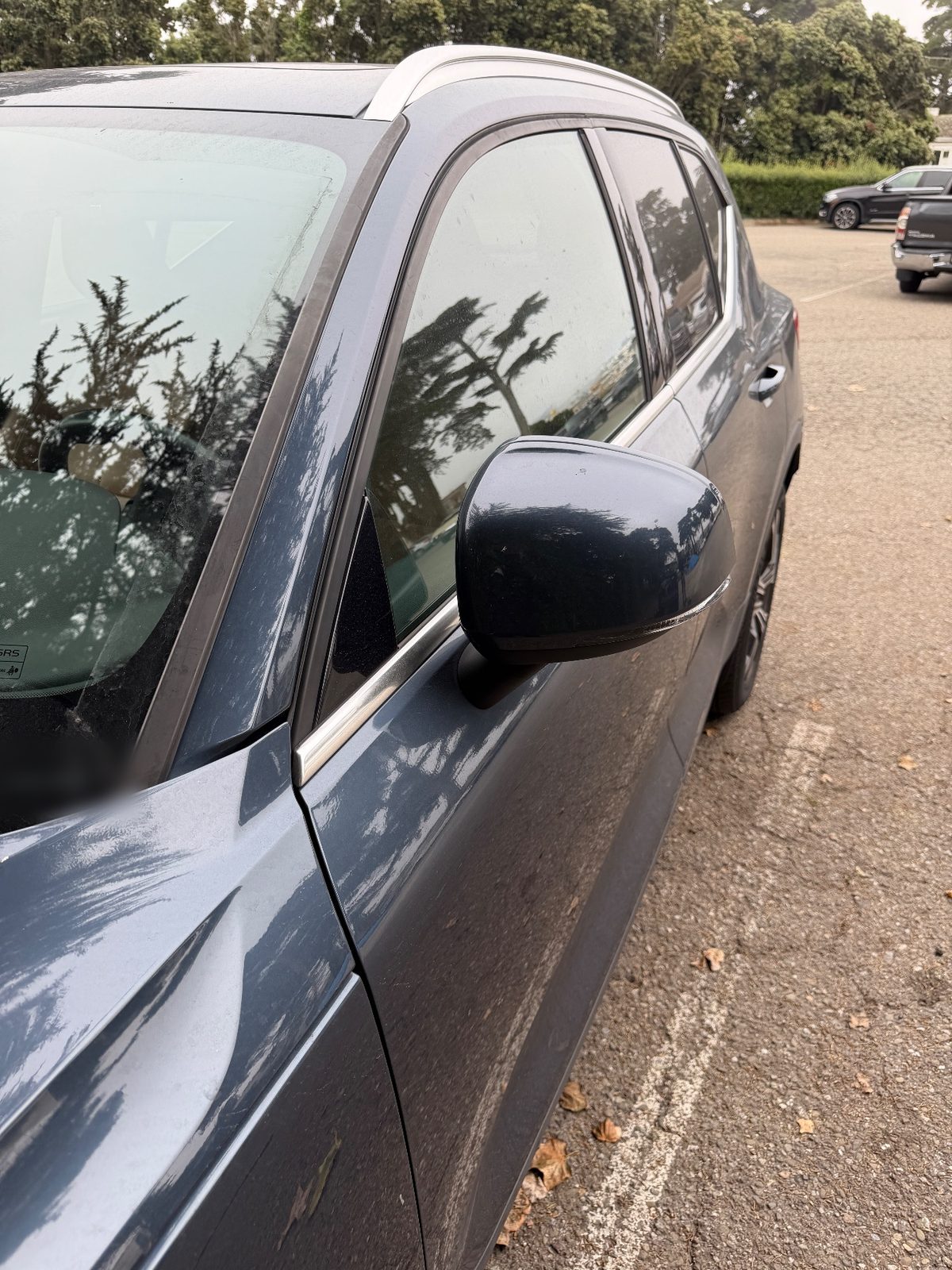Driver side of a dusty Volvo XC40 before washing