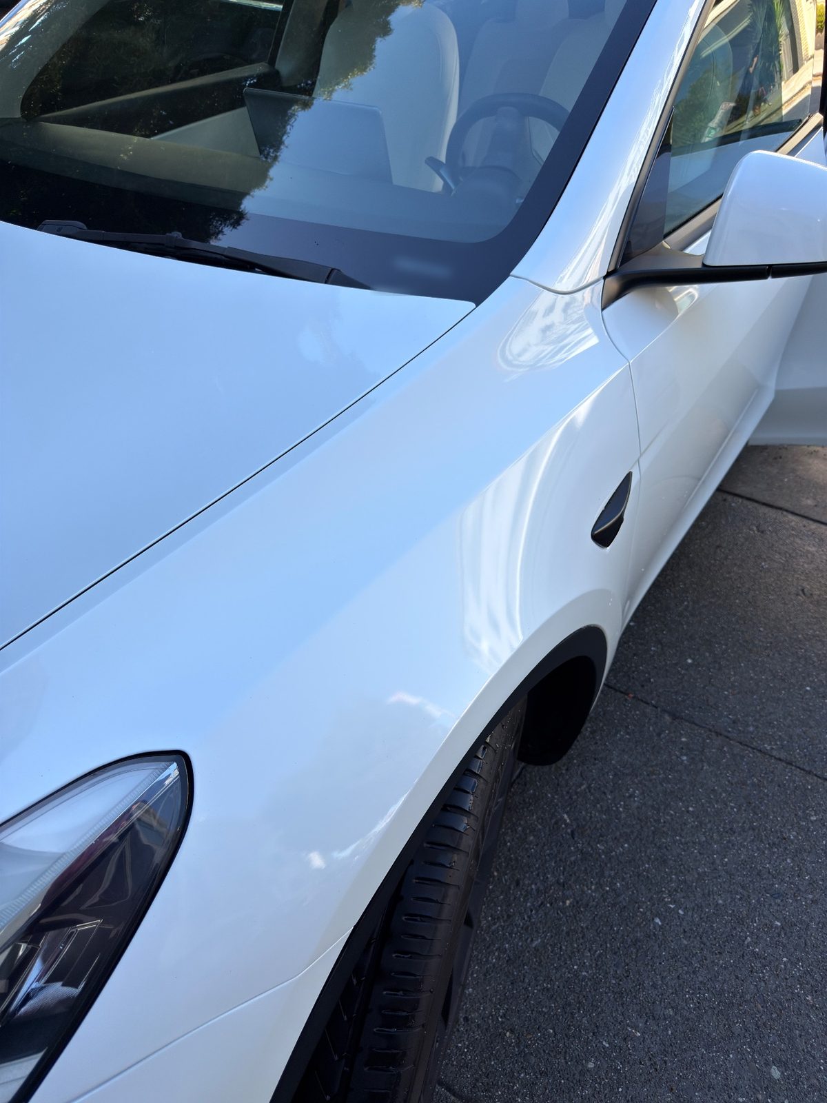 Glossy white front fender and bonnet of a Tesla Model Y after detailing