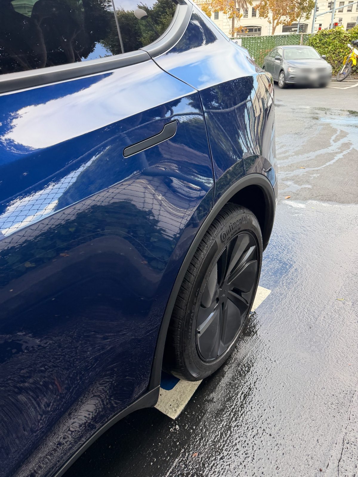 Glossy clean rear quarter panel of a deep blue Tesla Model Y after detailing