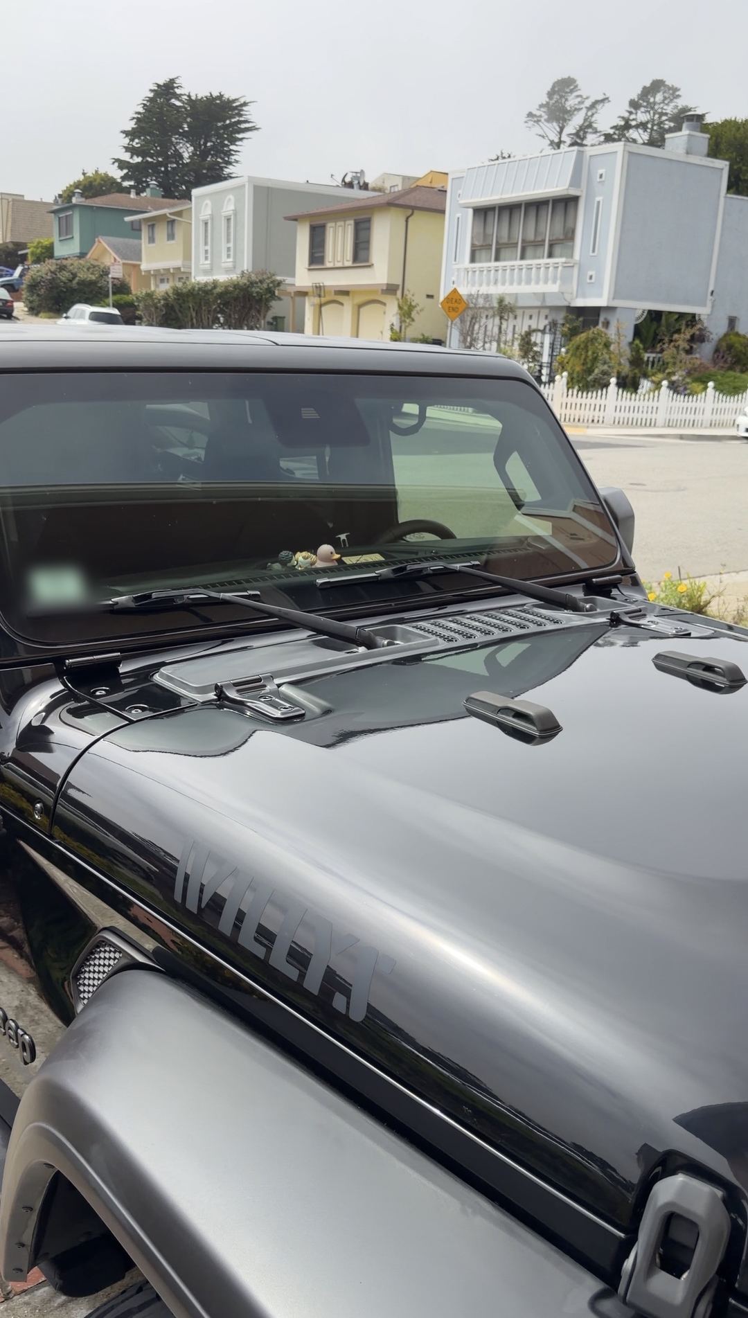 Clean black Jeep Wrangler Willys hood and windshield after an exterior detail