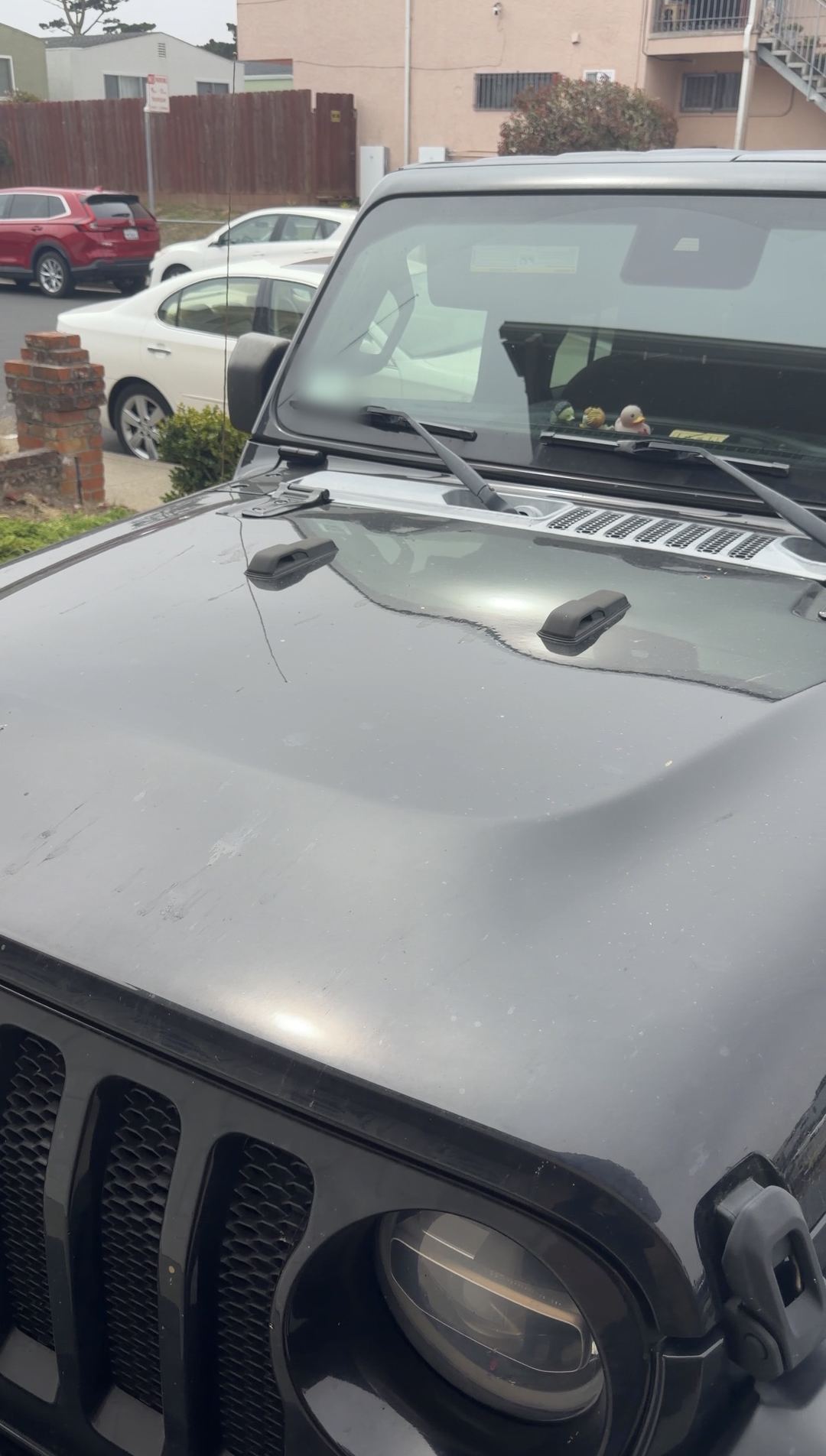 Black Jeep Wrangler hood with a dusty film and streaks, seen from the front corner before cleaning