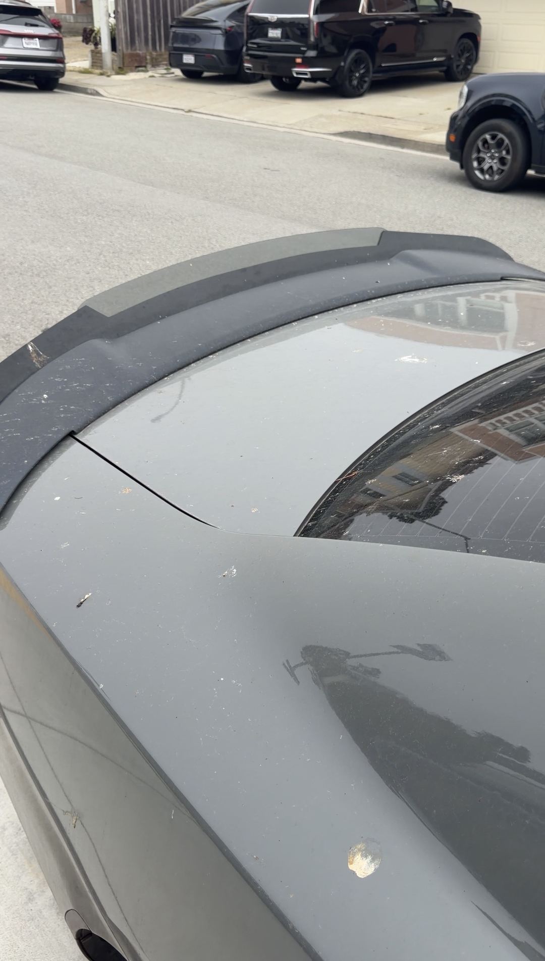 Grey Dodge Charger decklid and spoiler with dust and a bird dropping before cleaning