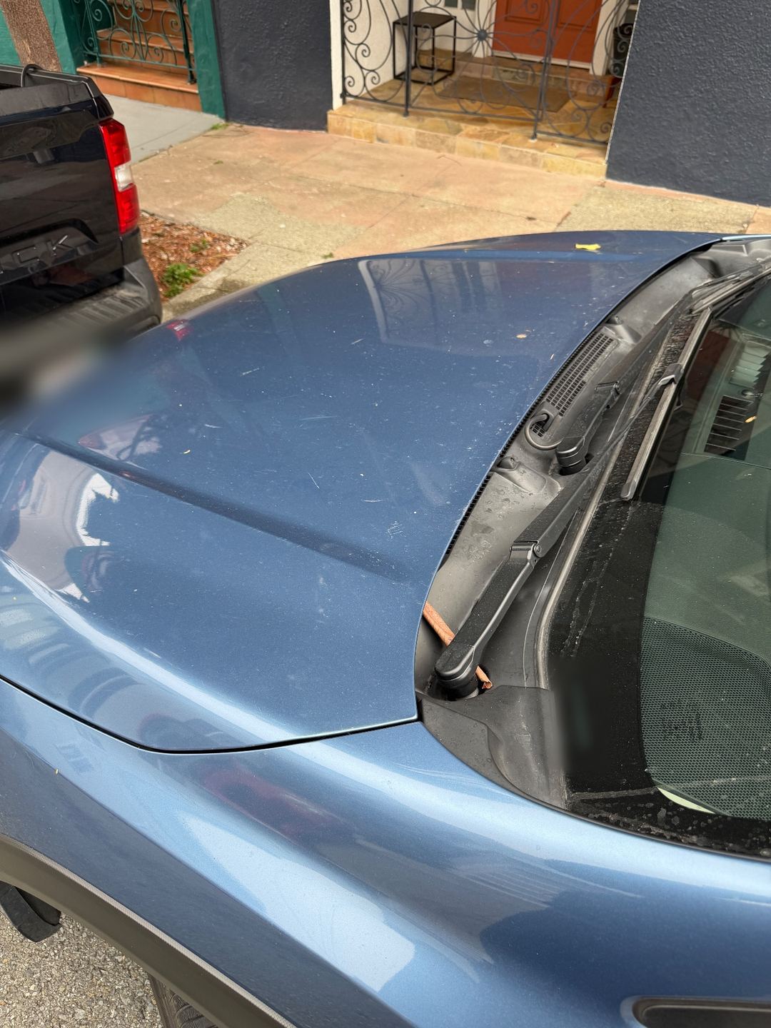 Hood and wiper cowl of a blue Subaru Crosstrek before washing, with a twig caught at the wiper and dust on the paint