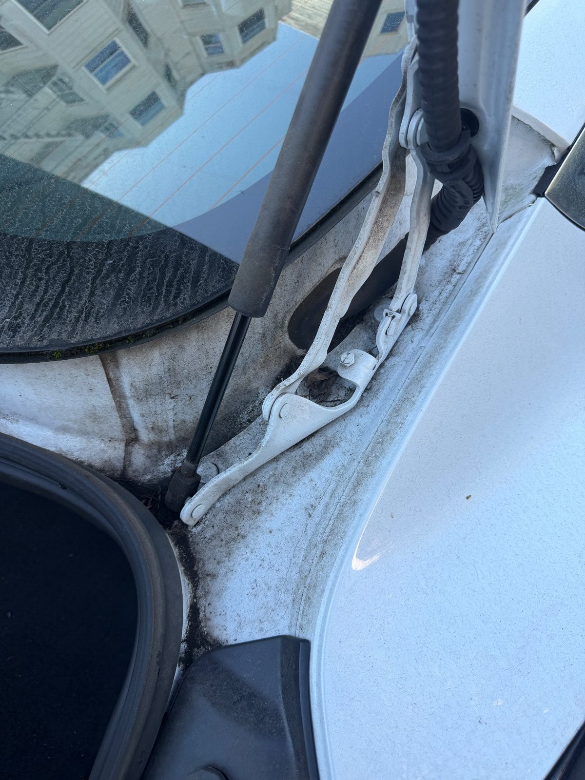 Dirty boot hinge and seal channel on a white Tesla Model 3 before detailing