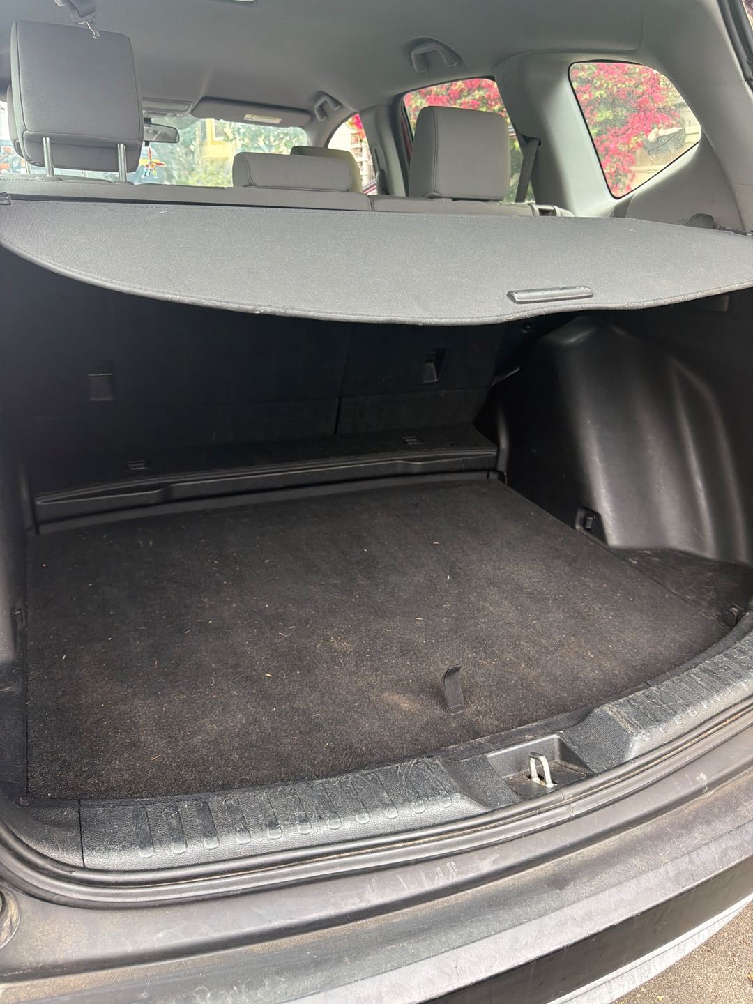 Cargo area of a maroon Honda CR-V before detailing, the carpet scattered with debris and lint