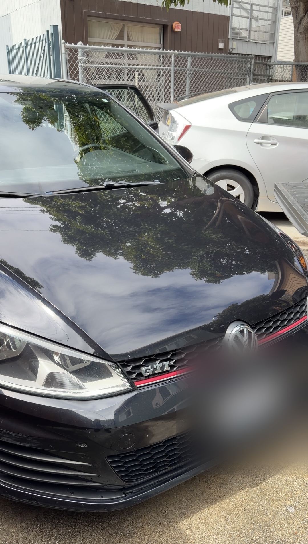 Front of a black VW GTI after washing, glossy hood reflecting trees