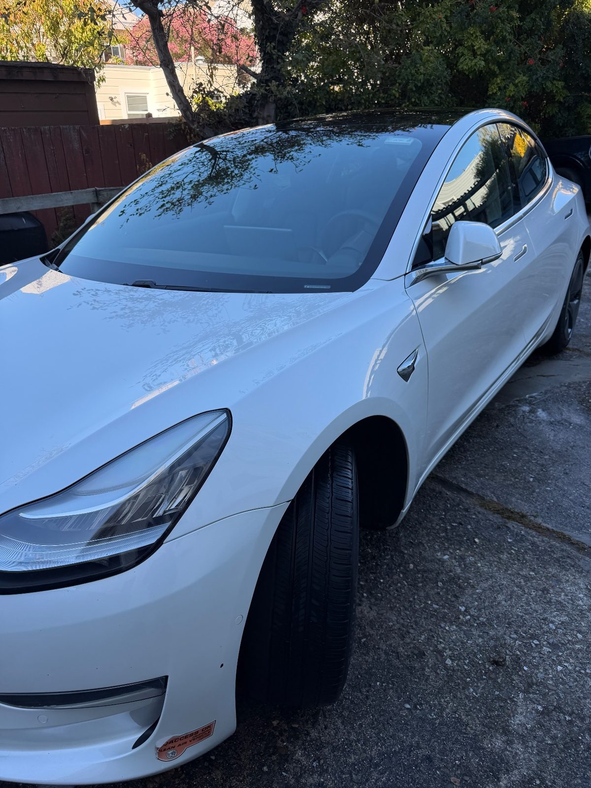 Front fender and door of a white Tesla Model 3 after detailing, clean and glossy paint