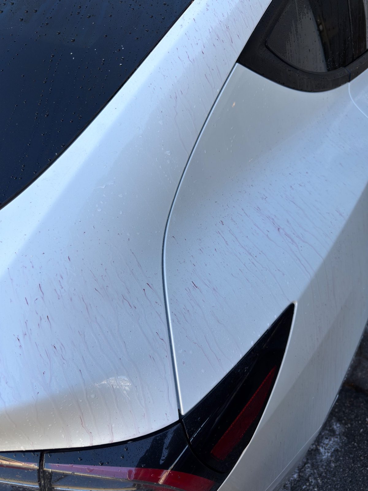 Rear quarter panel of a white Tesla Model Y wet with purple streaks from iron remover