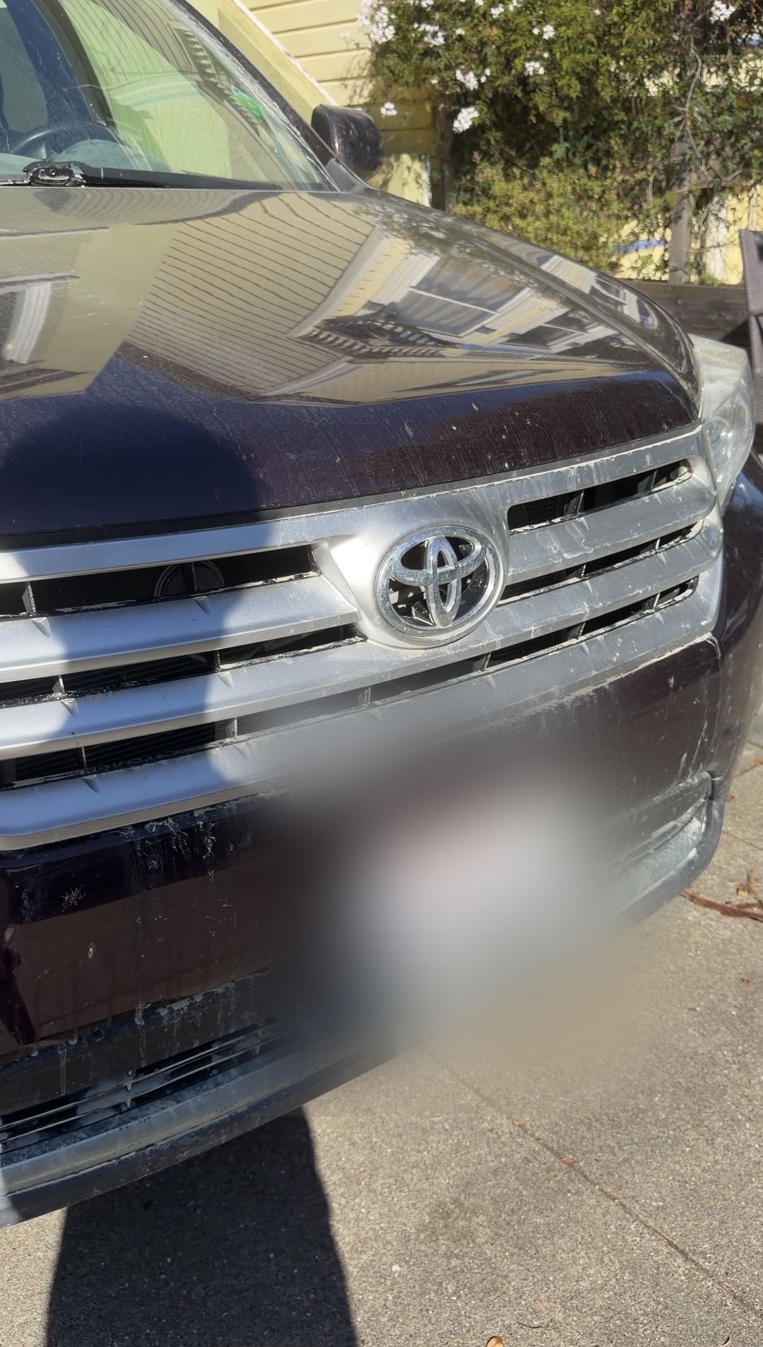 Dusty front grille and bumper of a plum Toyota Highlander before cleaning