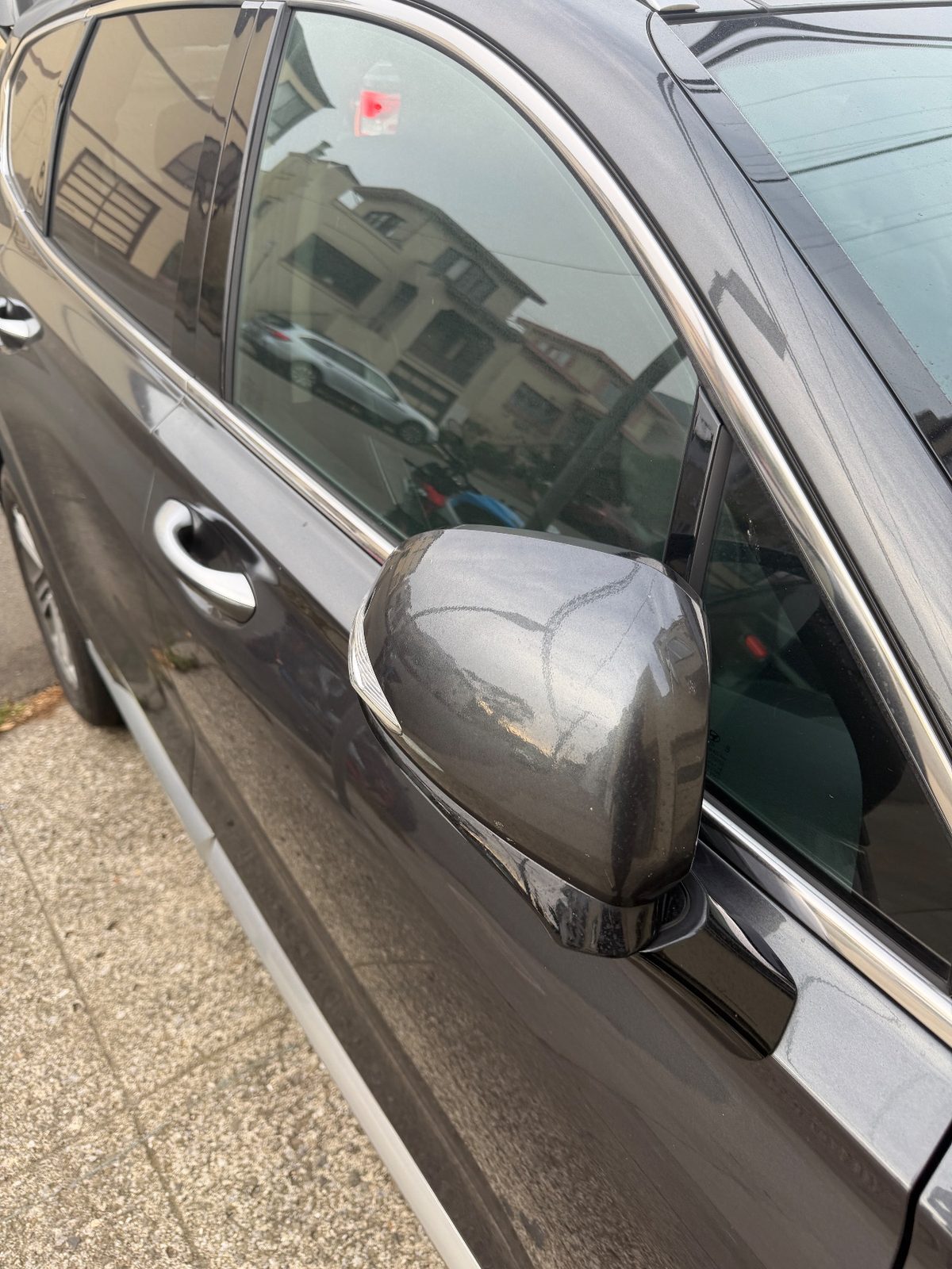 Dusty passenger door and mirror of a Hyundai Santa Fe before detailing