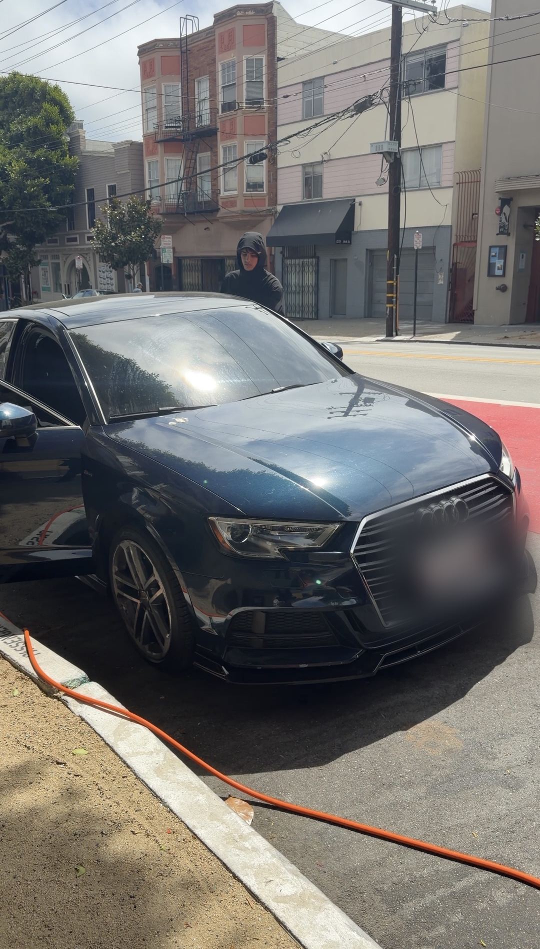 Audi A3 front three-quarter (driver side) before mobile detailing in Mission District, San Francisco