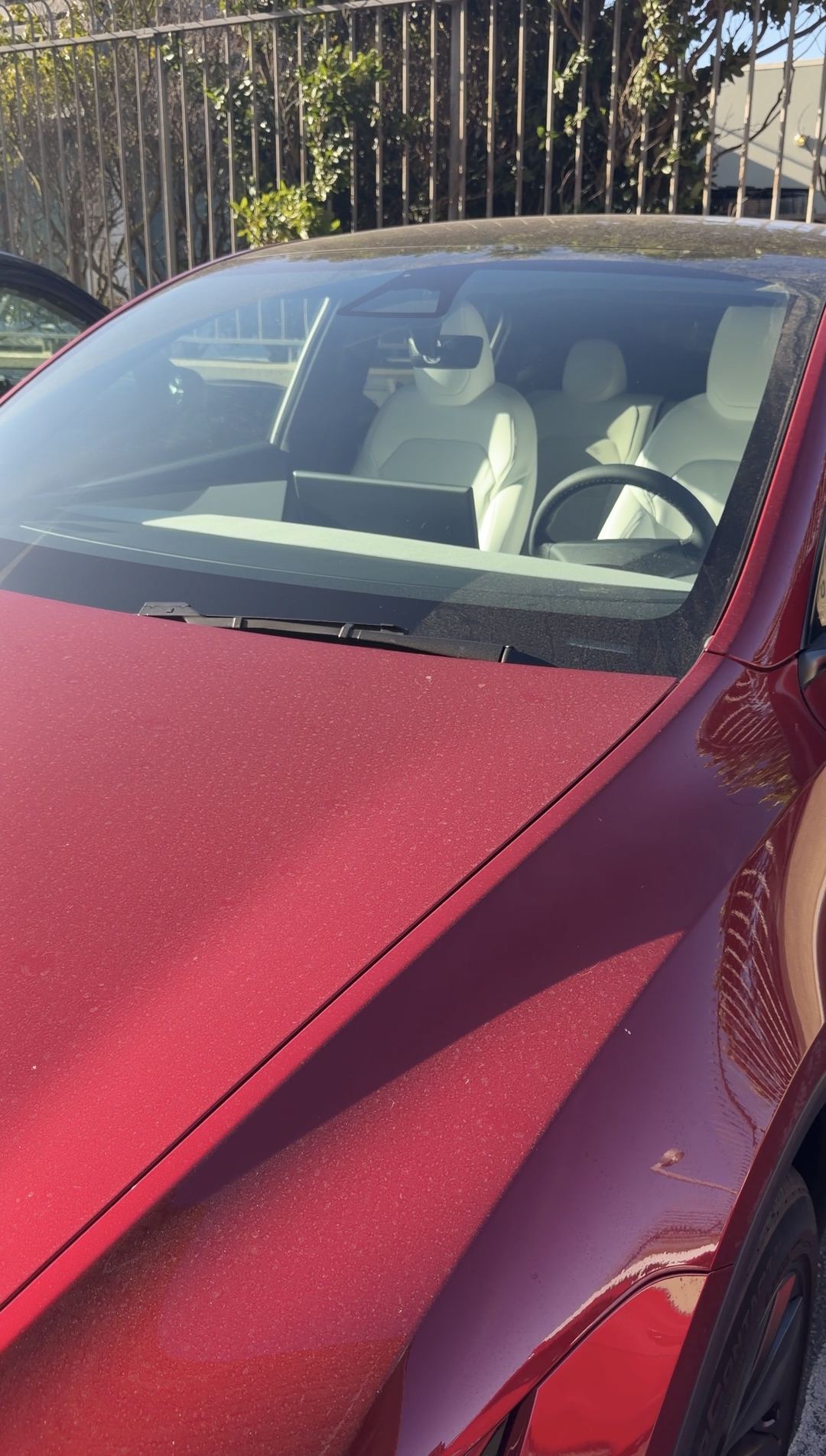 Fine dust film and water spotting on the red hood of a Tesla Model Y before washing