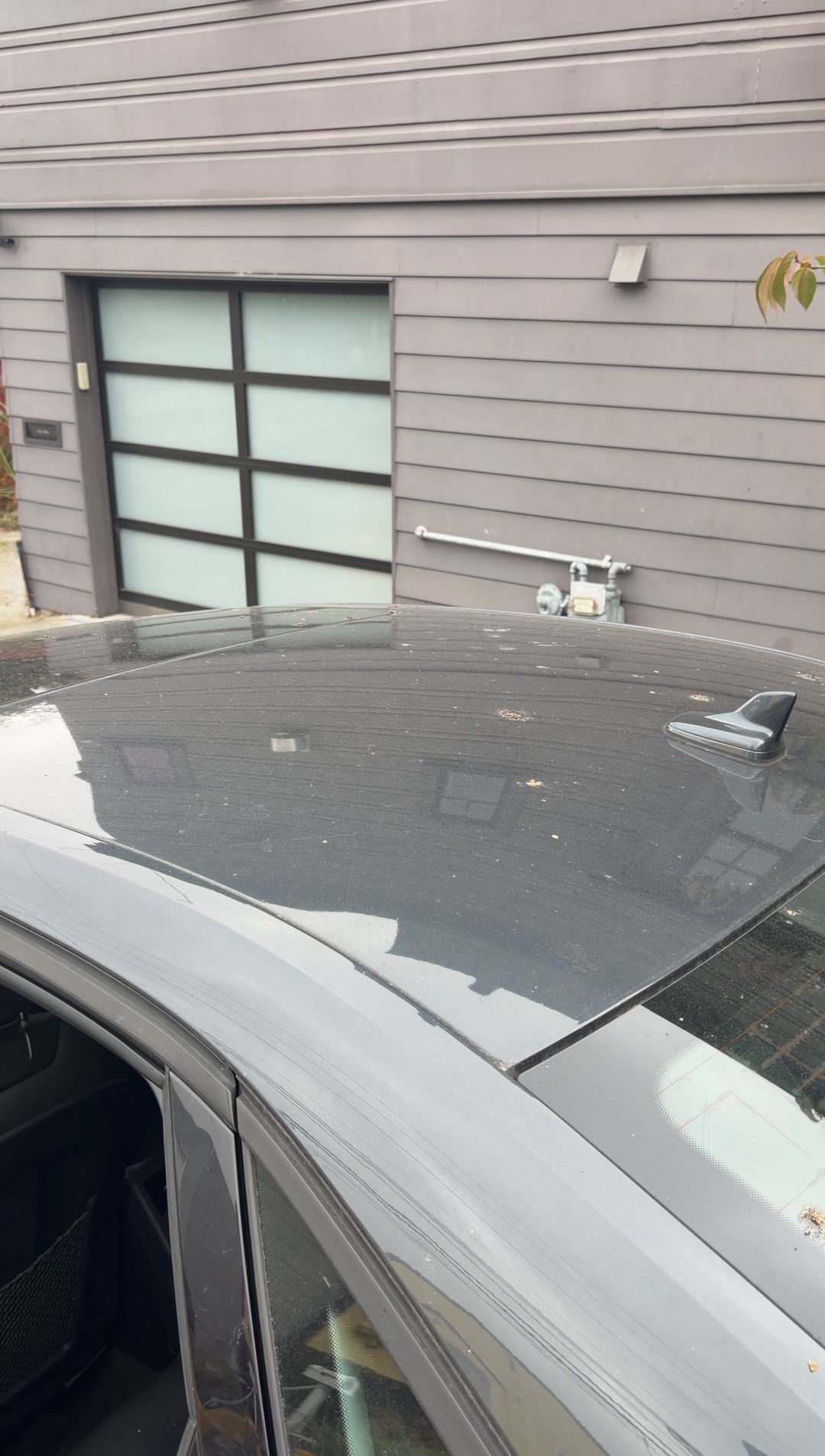 Dust and specks on the roof and rear window of a grey Audi A4 beside a grey building