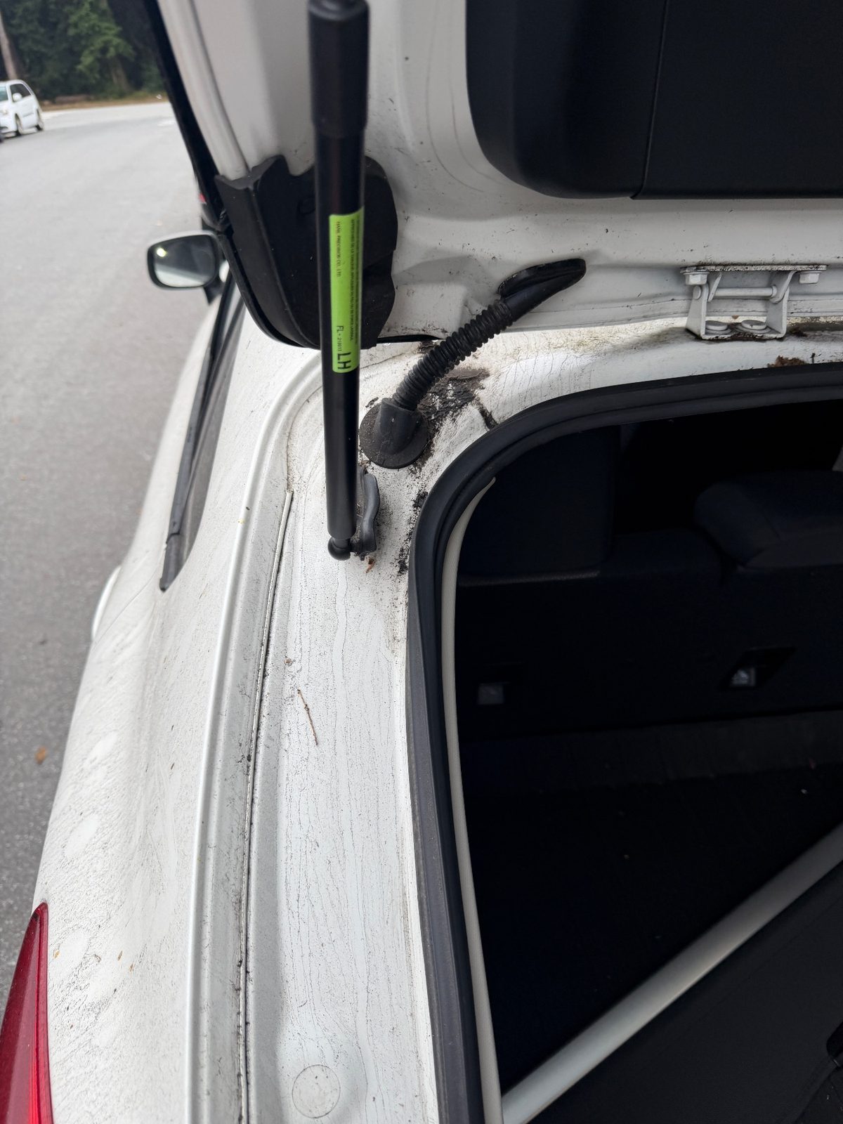 Left tailgate strut and hinge gutter packed with black grime before cleaning