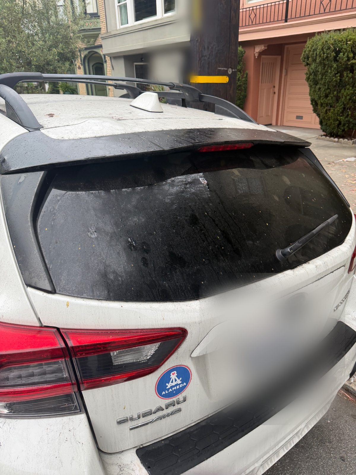 Dirty rear hatch of a white Subaru Crosstrek before cleaning